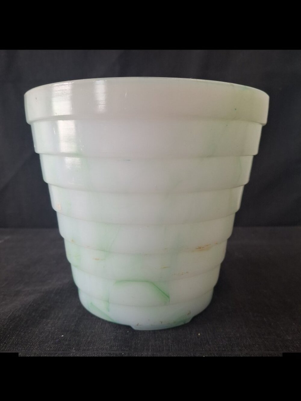 Vintage Akro Agate Green White Marbled Slag Glass Flower Pot Stacked Disc 5"